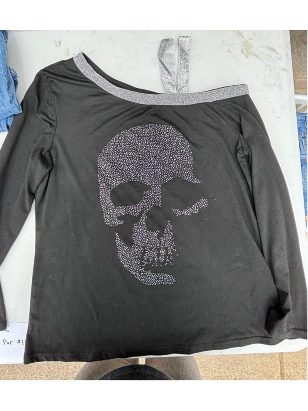 DENATER Black Bling Skull Off Shoulder Top Metallic Trim XL
